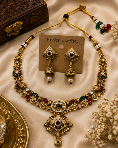 Heritage Floral Kundan Necklace & Jhumka Set
