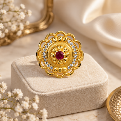 Antique Gold-Toned Ruby Floral Ring