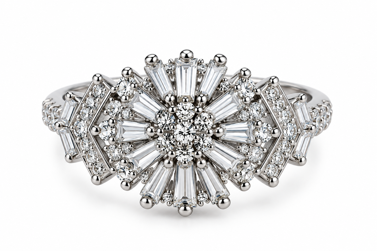 Silver Crystal Sunburst Cocktail Ring