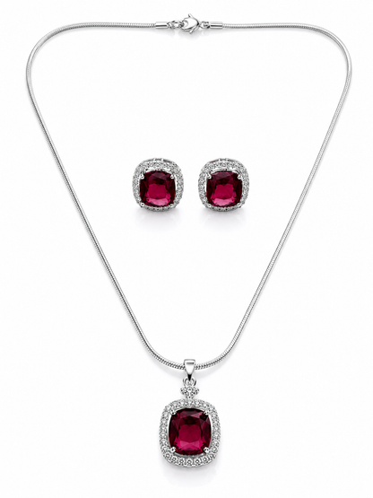 Ruby Pink Silver-Toned Pendant Set
