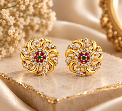 Premium Gold-Toned Floral Stud Earrings with Multicolor Stone Accents