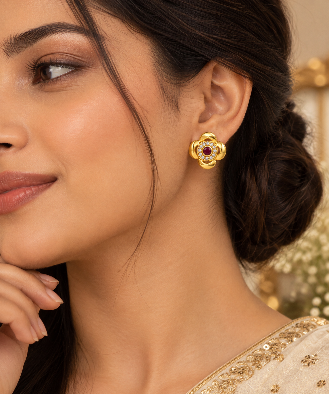Premium Gold-Toned Floral Crystal Stud Earrings