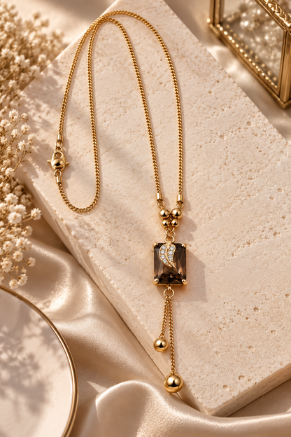 Gold-Toned Smoky Brown Stone Pendant Necklace