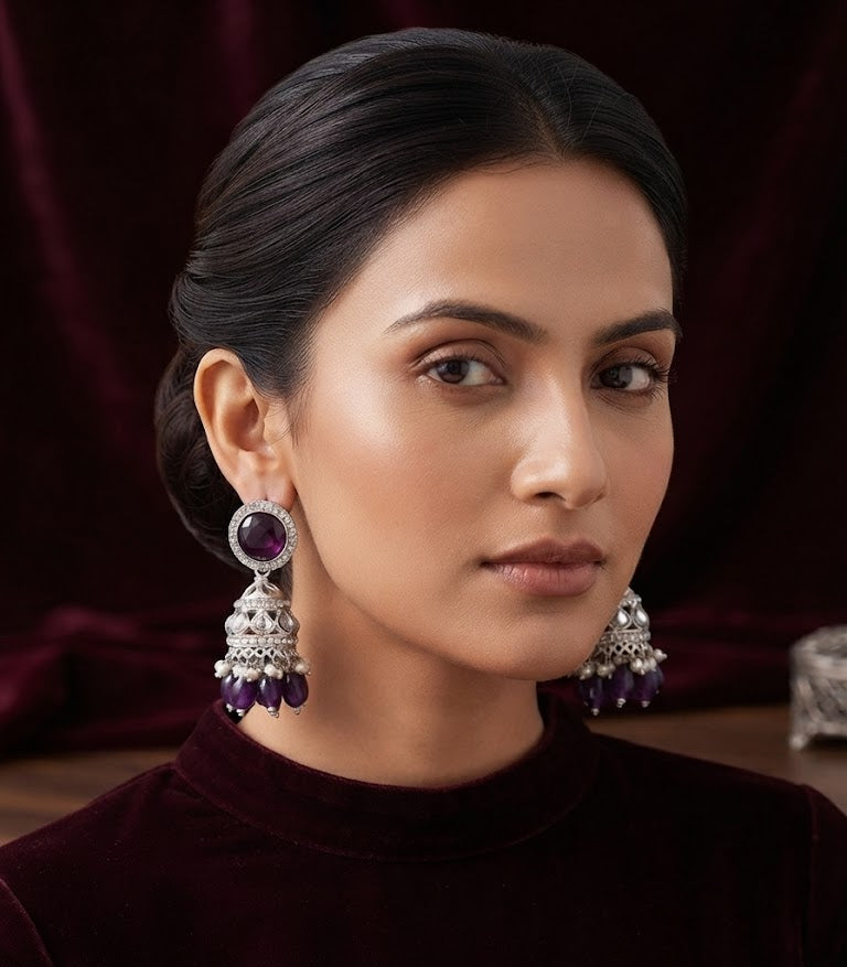Premium Purple Crystal Jhumka Earrings