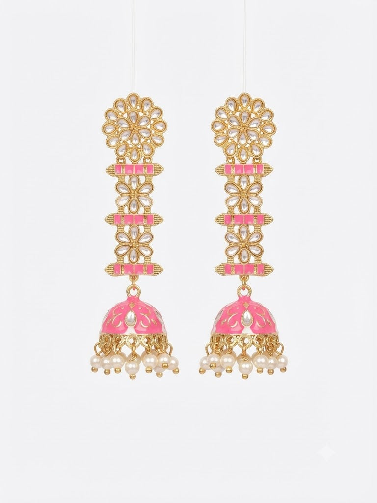 Premium Pink Enamel Kundan Floral Jhumka Earrings