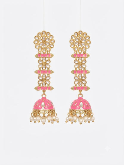 Premium Pink Enamel Kundan Floral Jhumka Earrings