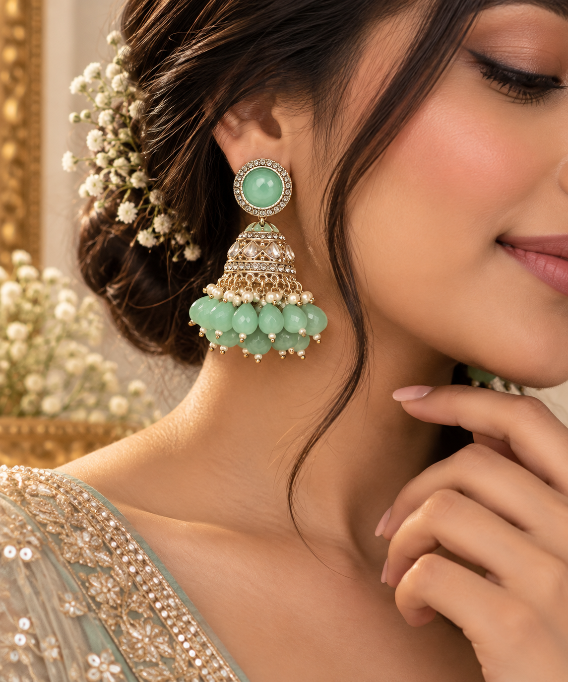 Mint Green and Silver Jhumka Earrings – Product Description