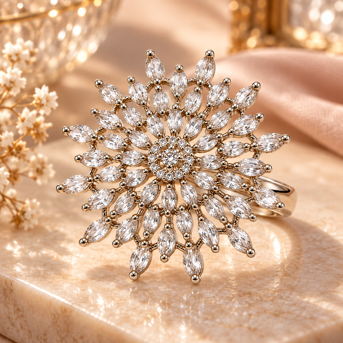 Silver-Toned Marquise Crystal Statement Ring