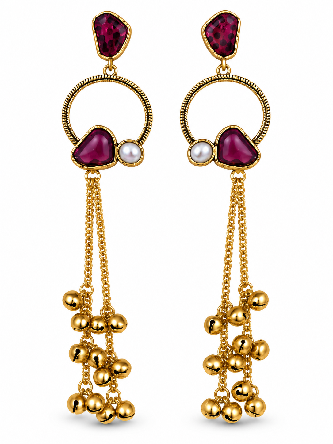 Premium Gold-Toned Purple Stone Long Chain Chandelier Earrings