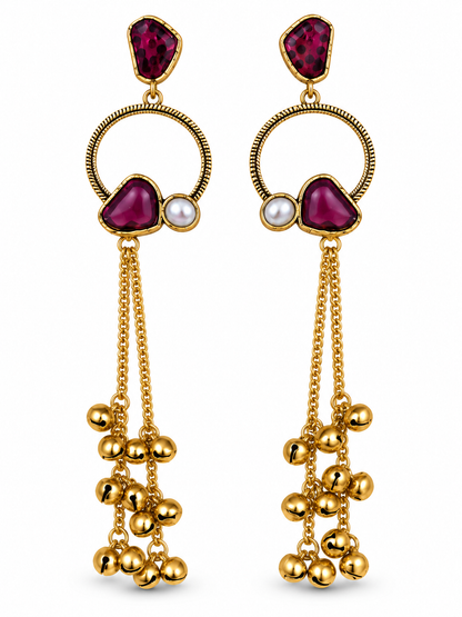 Premium Gold-Toned Purple Stone Long Chain Chandelier Earrings