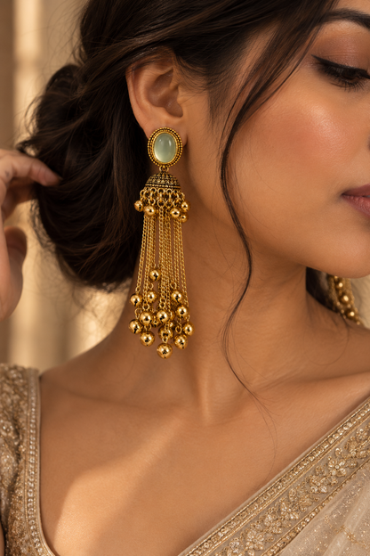 Premium Gold-Toned Mint Green Stone Long Chain Jhumka Earrings
