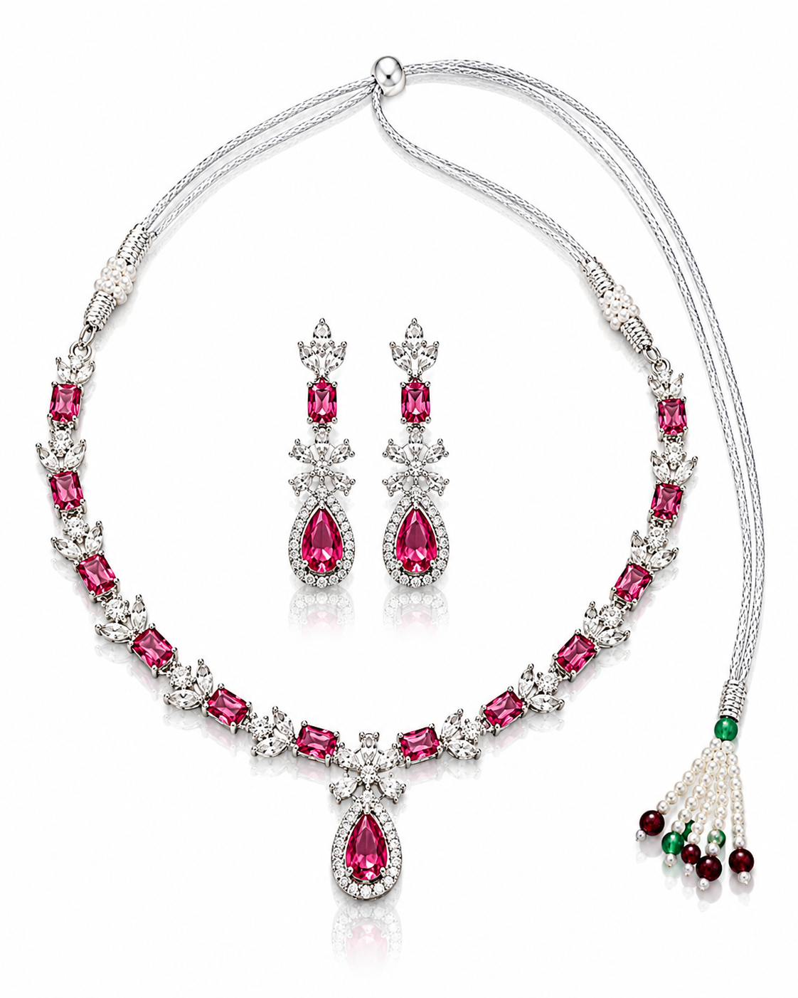 Silver-Toned Pink Ruby-Inspired Necklace Set