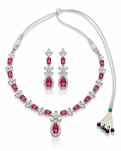 Silver-Toned Pink Ruby-Inspired Necklace Set