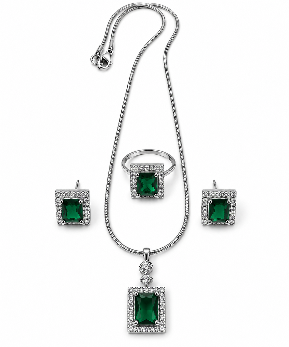 Premium Silver-Toned Emerald Green Jewellery Set