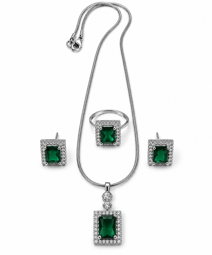 Premium Silver-Toned Emerald Green Jewellery Set