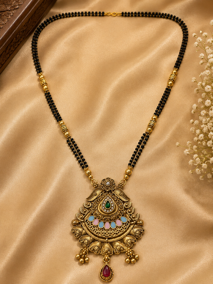 Antique Gold-Toned Multicolor Black Beaded Mangalsutra