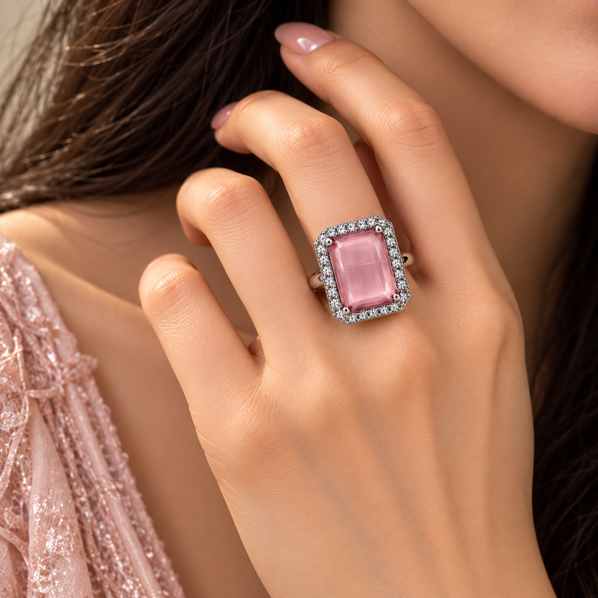 Silver-Toned Pink Crystal Statement Ring