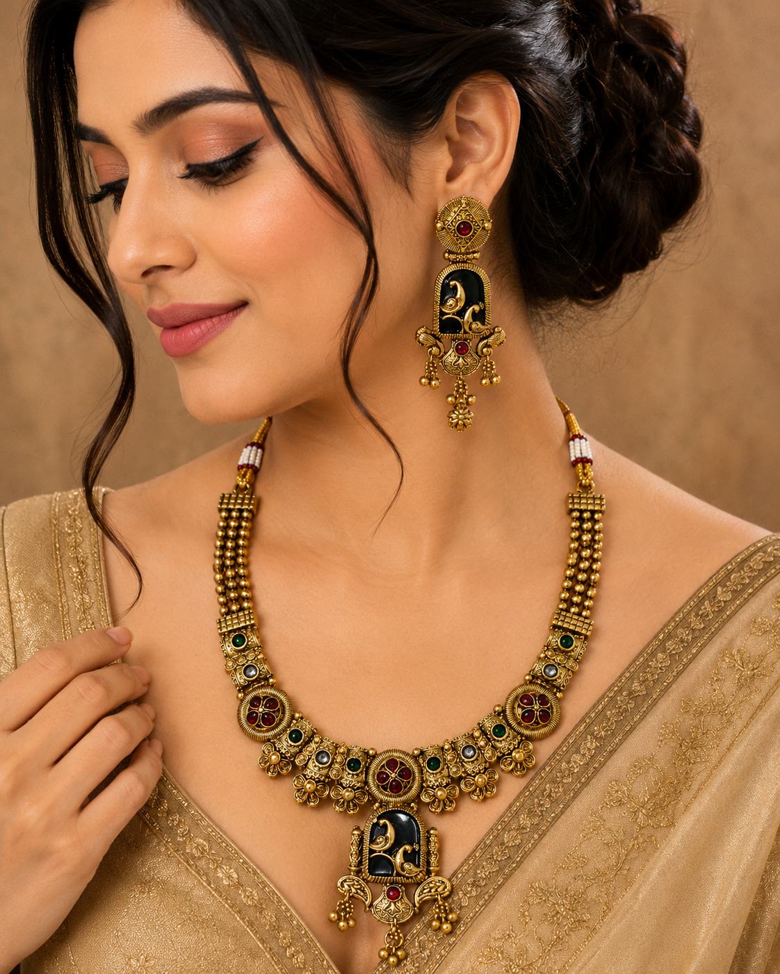 Royal Black & Ruby Elephant Motif Necklace & Earring Se