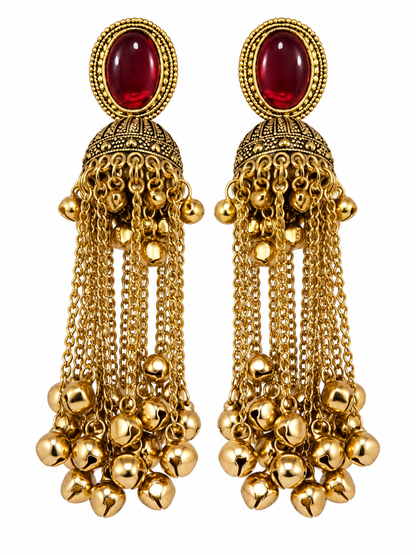 Premium Gold-Toned Maroon Stone Long Chain Jhumka Earrings
