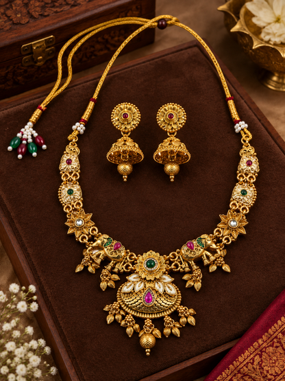 Gold-Toned Traditional Necklace & Jhumka Jewellery Set