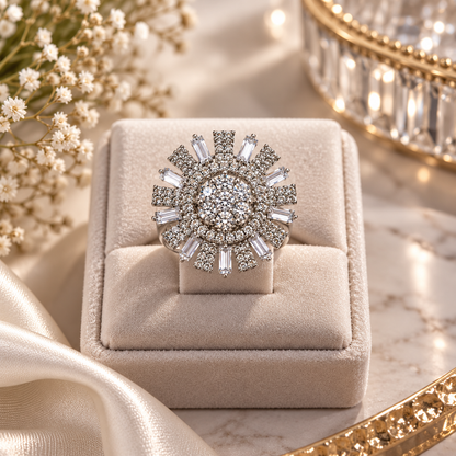 Silver-Toned Crystal Sunburst Statement Ring
