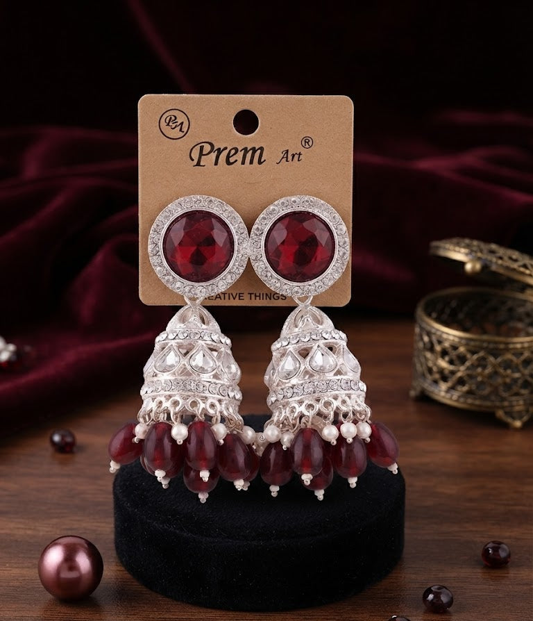 Premium Maroon Crystal Jhumka Earrings