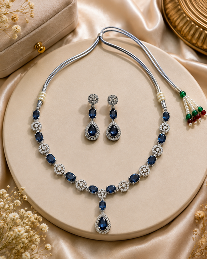 Elegant Silver-Toned Navy Blue Stone Necklace & Earring Set