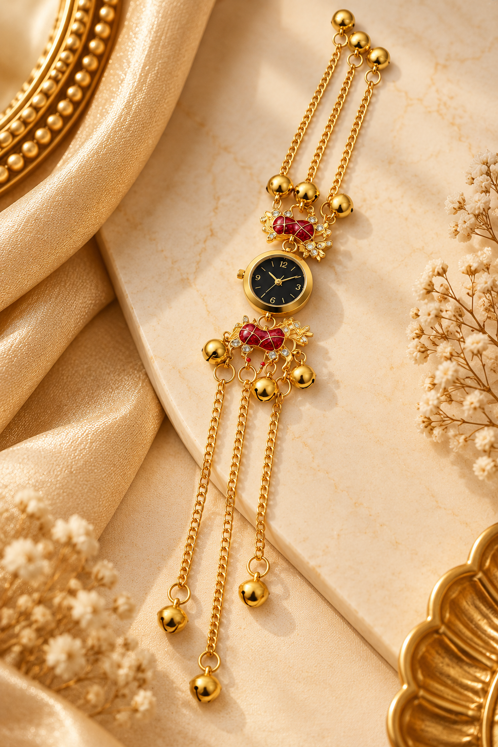 Elegant Gold-Toned Pendant Watch with Red Bow Accents
