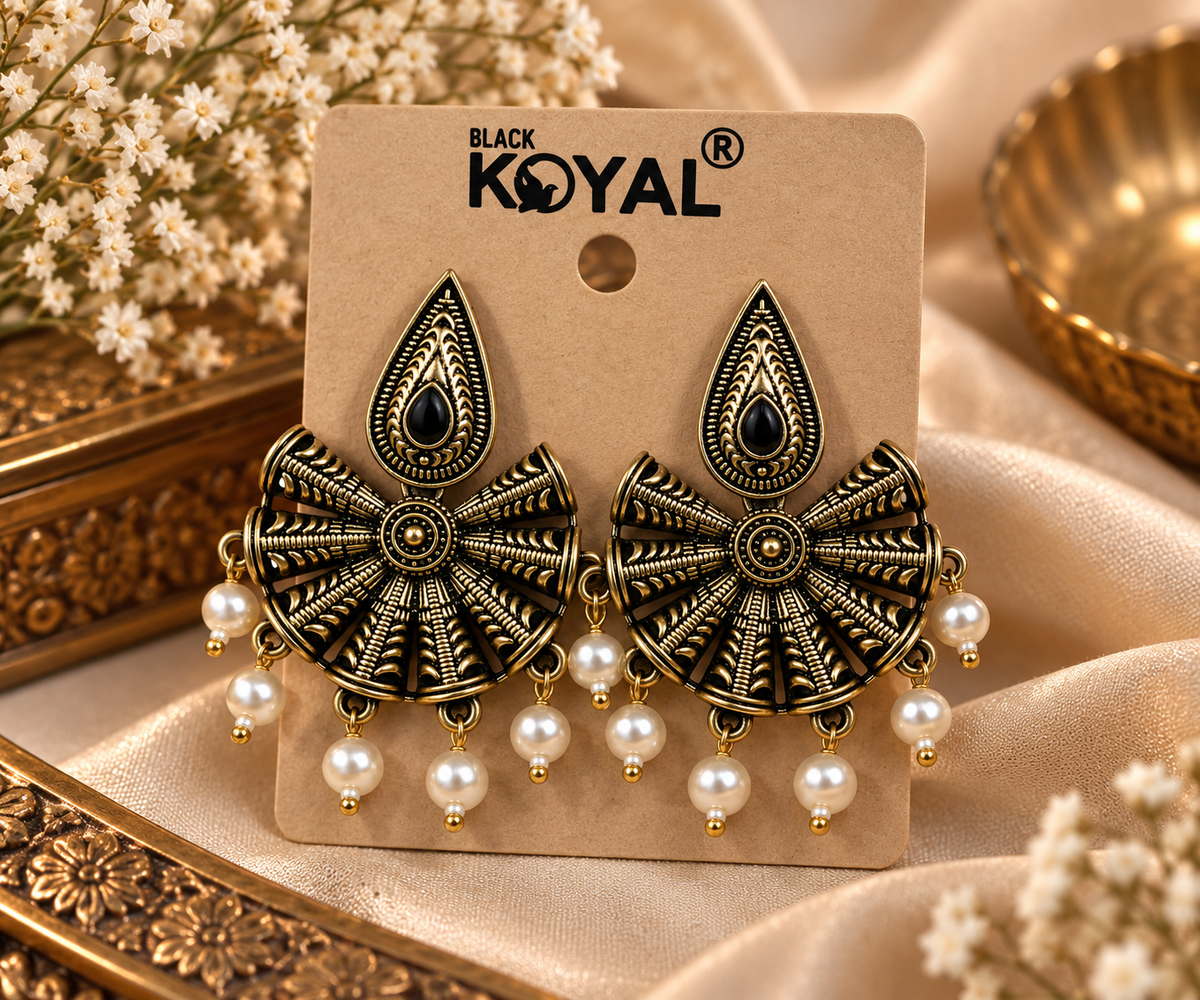 Premium Black & Gold Oxidised Pearl Drop Earrings
