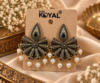 Premium Black & Gold Oxidised Pearl Drop Earrings