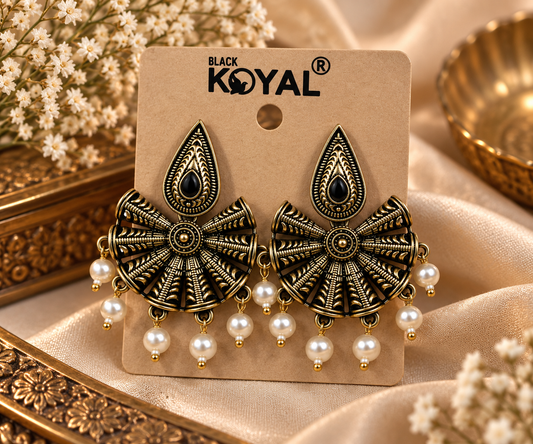 Premium Black & Gold Oxidised Pearl Drop Earrings