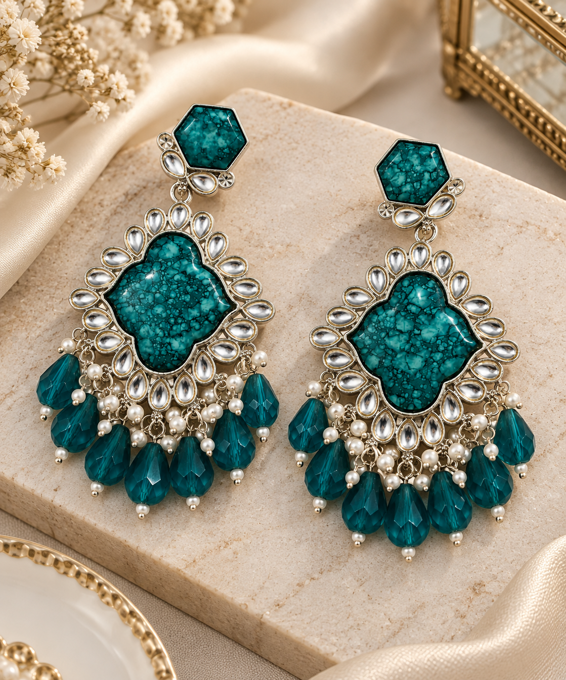 Premium Silver-Toned Teal Blue Stone Pearl Statement Chandelier Earrings