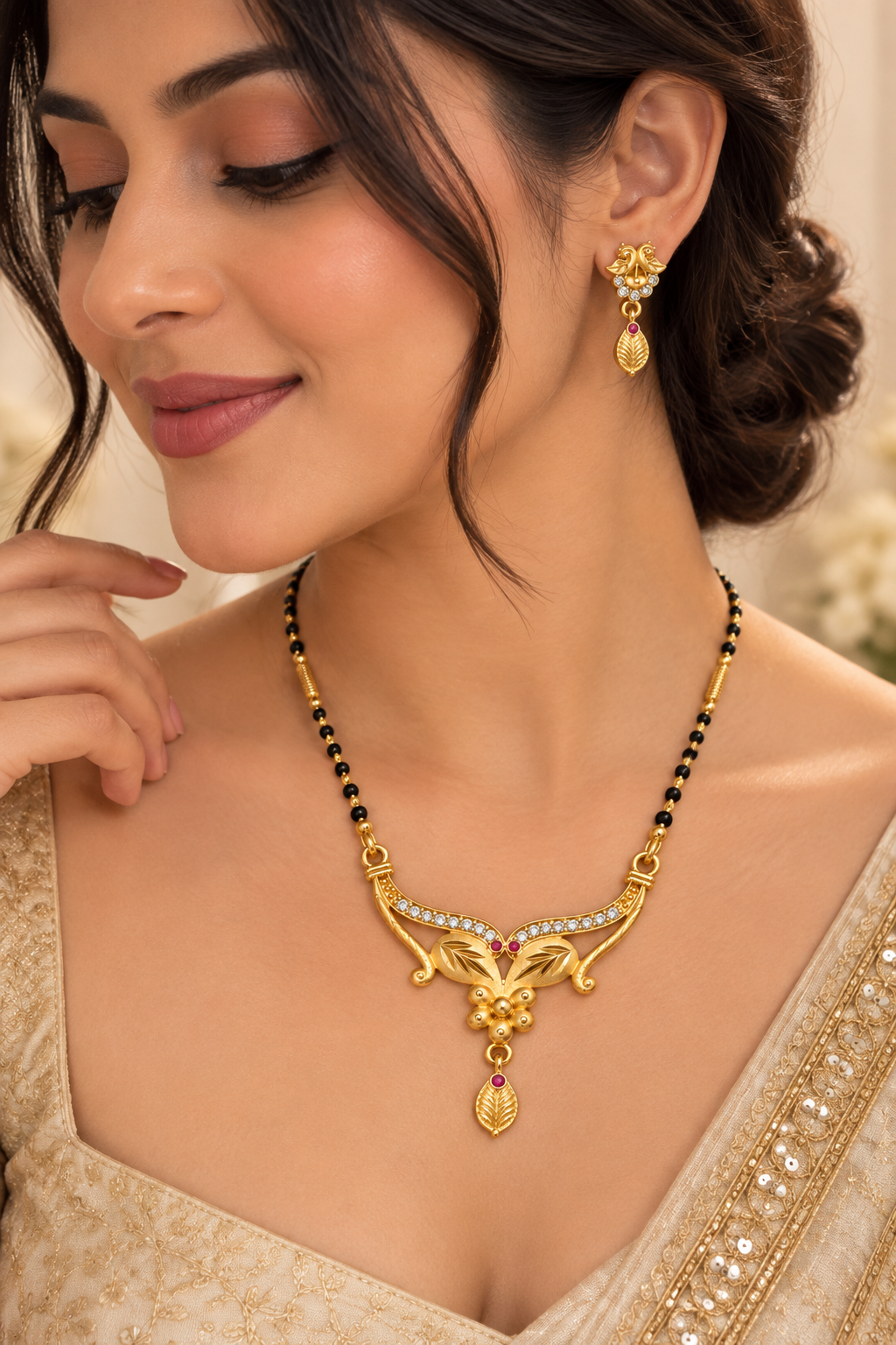Gold-Toned Black Beaded Necklace & Earring Set