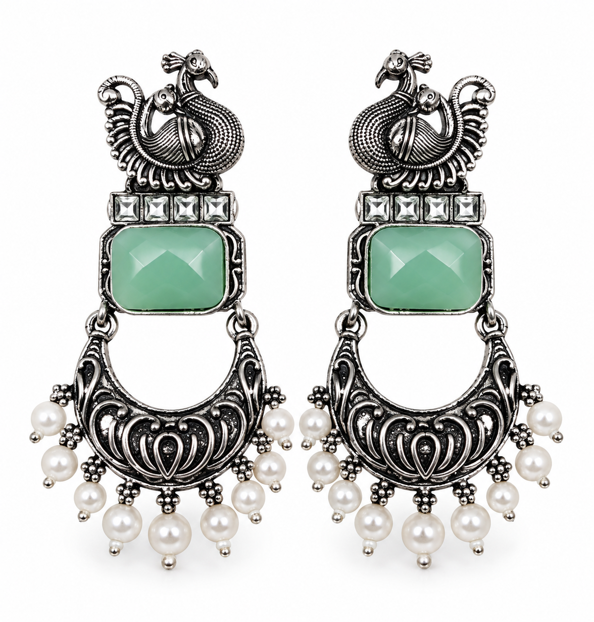 Premium Antique Silver-Toned Mint Green Peacock Statement Earrings