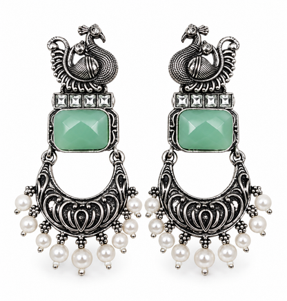 Premium Antique Silver-Toned Mint Green Peacock Statement Earrings