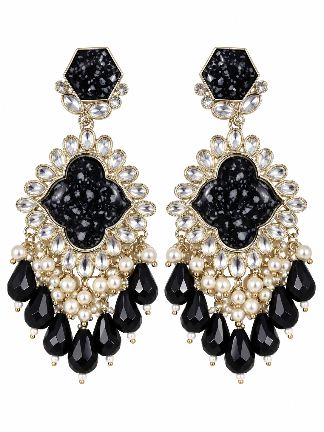 Premium Silver-Toned Black Stone Statement Drop Earrings