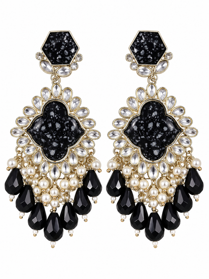 Premium Silver-Toned Black Stone Statement Drop Earrings