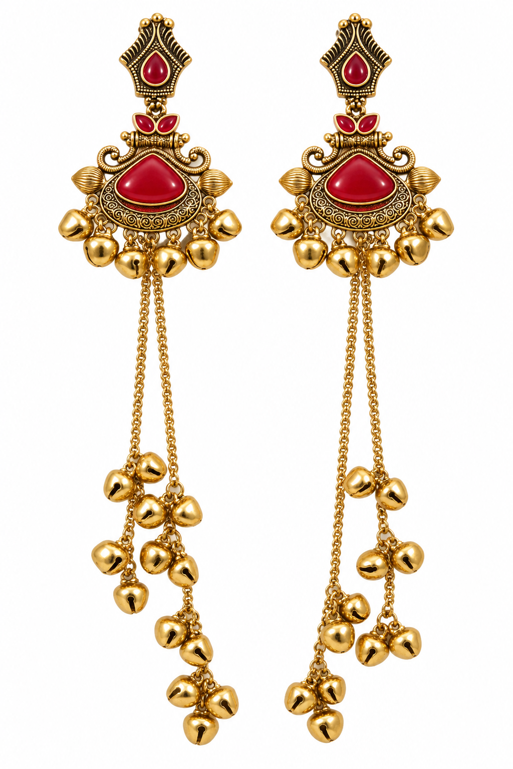 Premium Gold-Toned Red Stone Long Chain Jhumka Earrings
