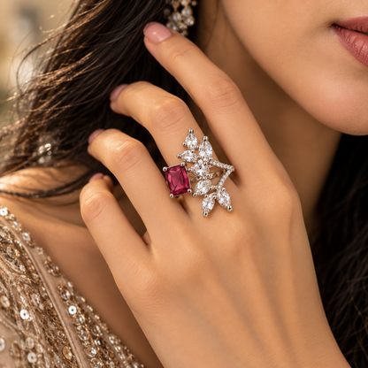 Silver-Toned Pink Gemstone Floral Statement Ring