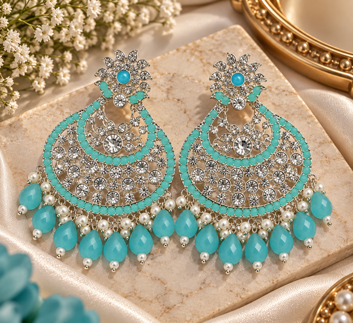 Premium Silver-Toned Turquoise Crystal Chandbali Statement Earrings