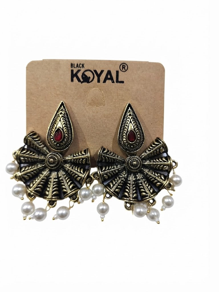 Premium Antique Gold-Toned Black Filigree & Ruby-Red Pearl Drop Earrings