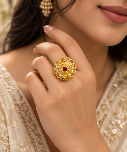 Antique Gold-Toned Ruby Floral Ring