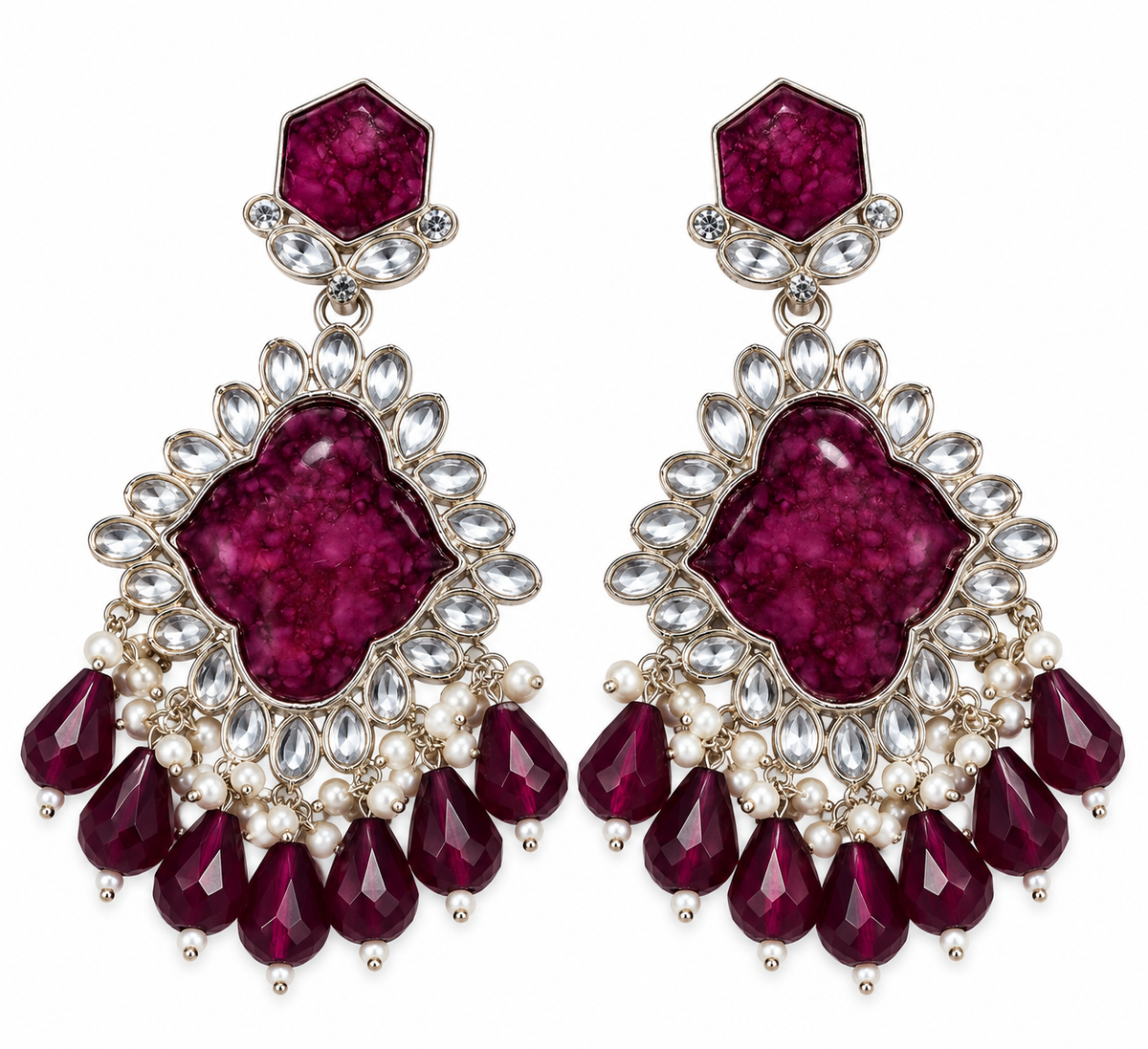 Premium Silver-Toned Burgundy Stone Statement Earrings