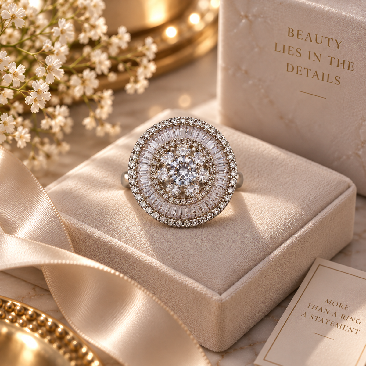 Premium Silver-Toned Floral Halo Ring