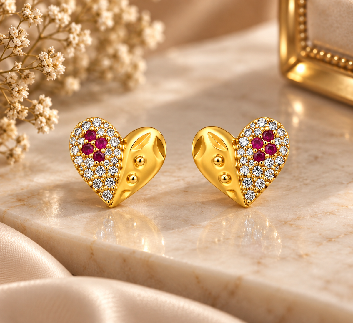 Premium Gold-Toned Heart Stud Earrings with Ruby Accents