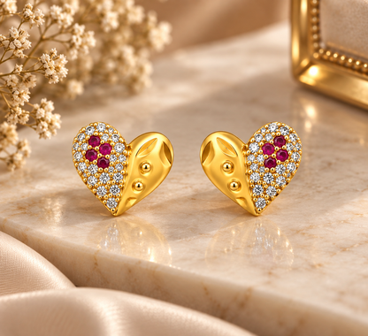 Premium Gold-Toned Heart Stud Earrings with Ruby Accents