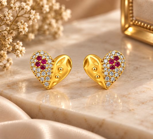 Premium Gold-Toned Heart Stud Earrings with Ruby Accents