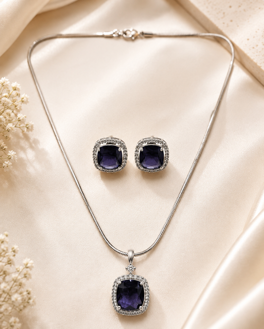 Deep Blue Silver-Toned Pendant Set