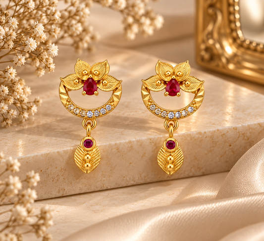 Premium Gold-Toned Floral Crescent Drop Earrings