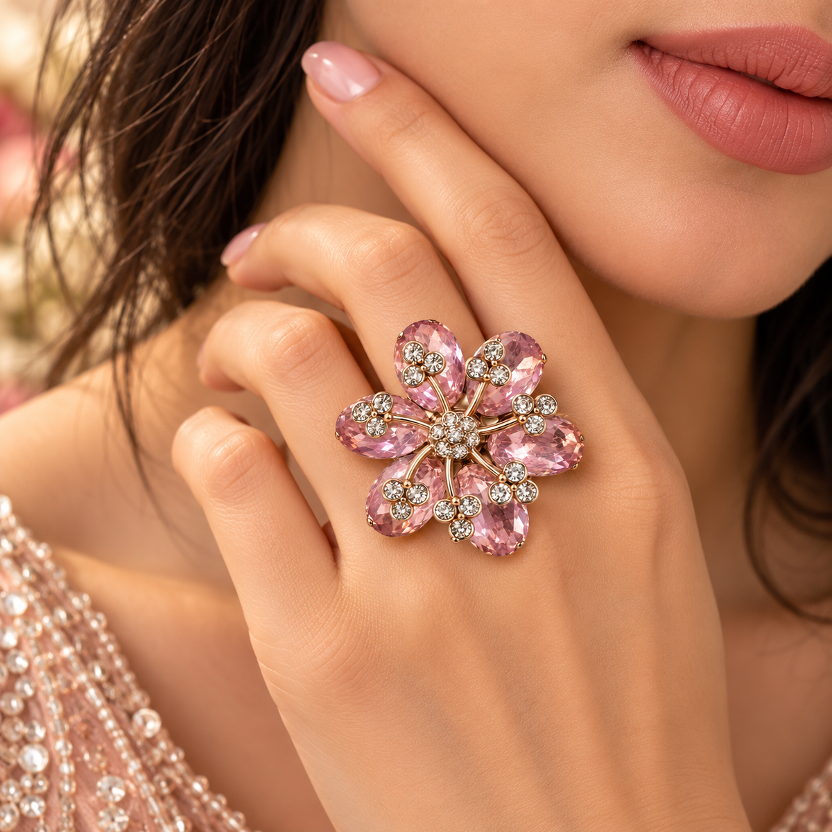 Rose-Toned Floral Statement Ring